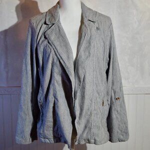 Chico's Gray Striped Linen Blend Roll-Tab Sleeve Open Front Jacket Size 3 (XL)